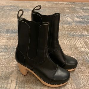 Swedish Hasbeens Toffel Black Leather Wood Heel Clog Boots Size 38